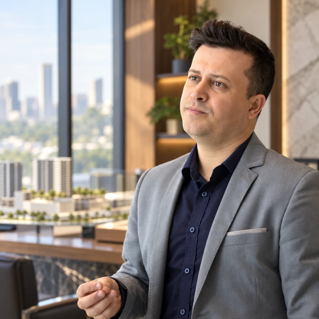 Ciro Garcia de blazer em escritório de construtora